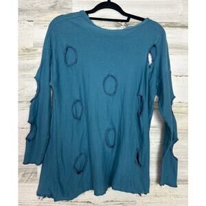 Axel Hardy Womens M Blue Distressed Boho Lagenlook Whole Long Sleeve Top